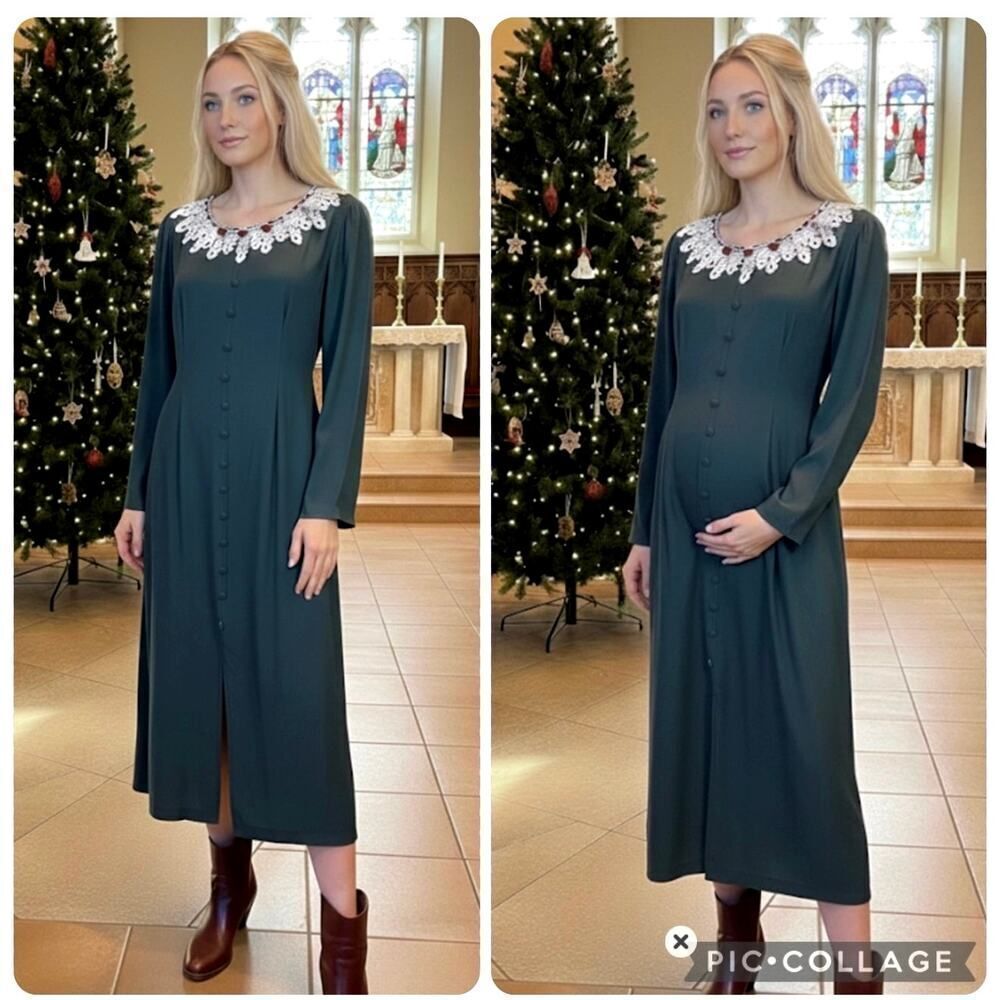 VTG Victorian Cottagecore Holiday Lace Button Front Maternity Prairie Dress SZ S